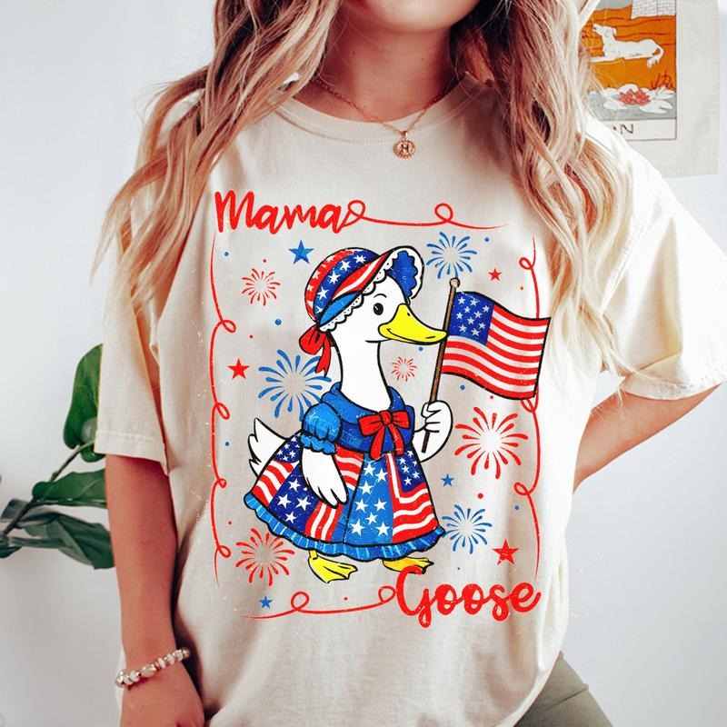 Silly Mama 4th July Goose Shirt Silly Goose America Coquette Bows Fourth July Patriotic Goose Mom Memorial Day Girly Shirt T-Shirts