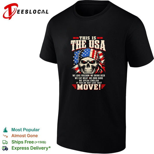 Skull wearing USA headband This is the usa we love freedom we drink beer we eat meat we own guns shirt