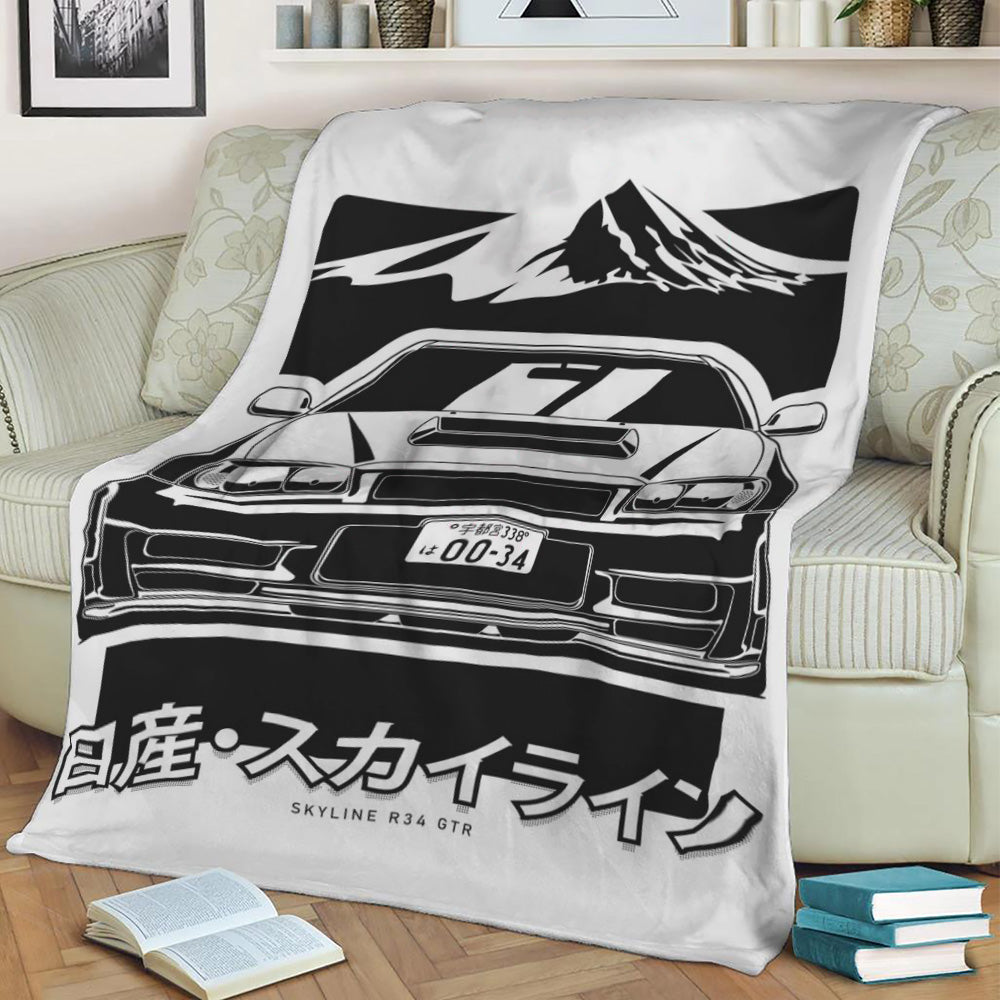 Skyline R34 GTR Front JPN Fleece Throw Blanket