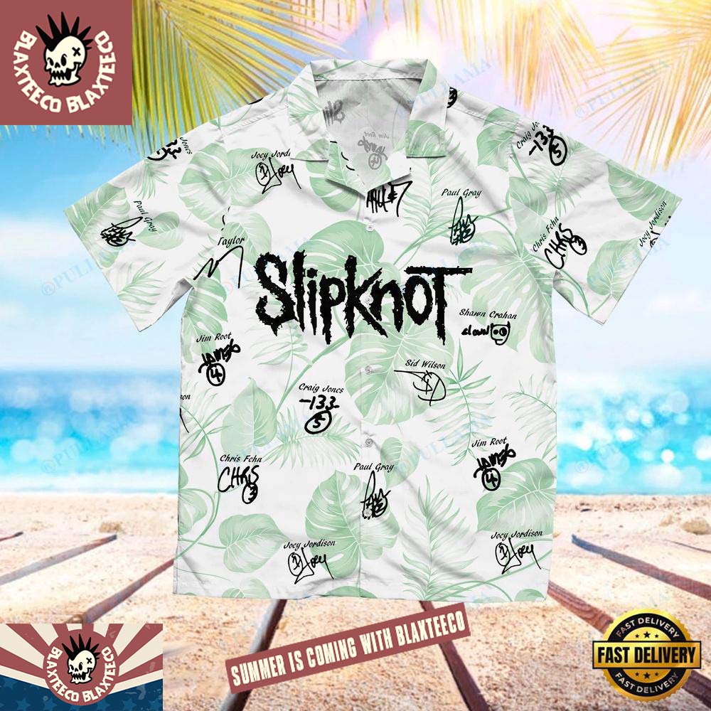 Slipknot Rock Band Autographed Green Palm Band Members Name Pattern Summer Hawaiian Shirt