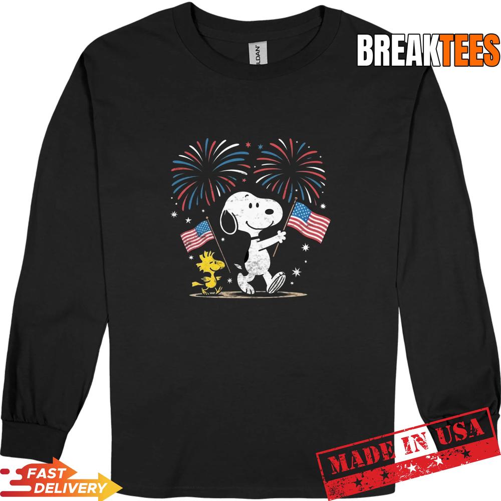 Snoopy and Woodstock American Flag Fireworks 4th of July Patriotic T-Shirt