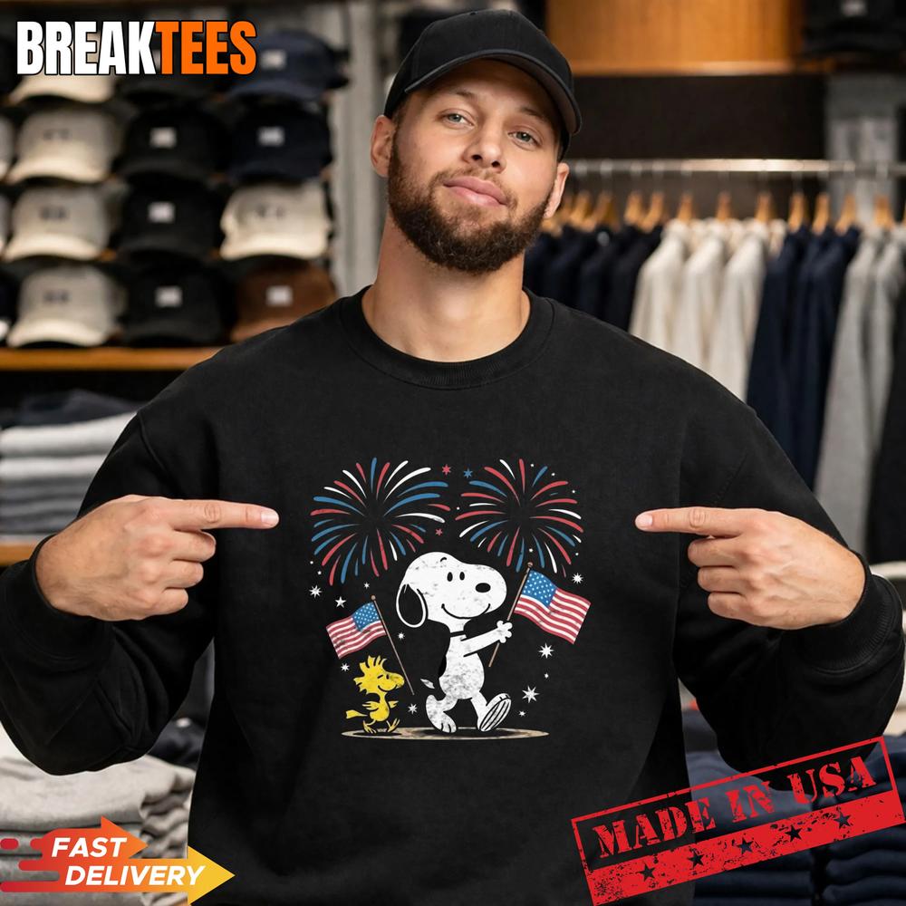 Snoopy and Woodstock American Flag Fireworks 4th of July Patriotic T-Shirt