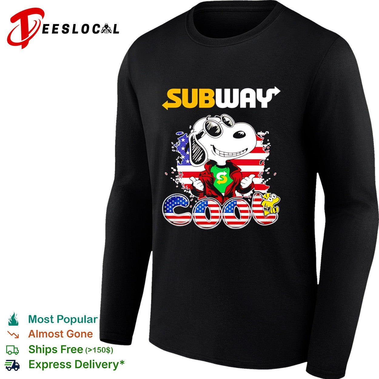 Snoopy and Woodstock Subway cool American Flag USA shirt