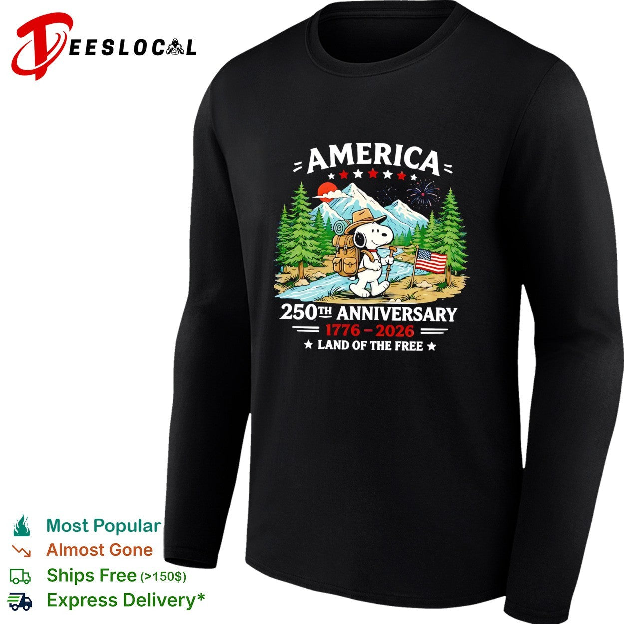 Snoopy backpacking mountains America 250th anniversary shirt
