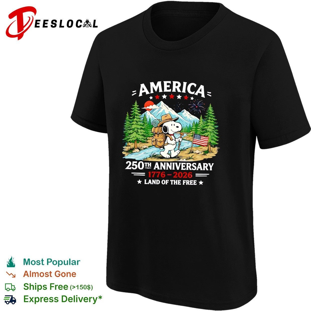 Snoopy backpacking mountains America 250th anniversary shirt