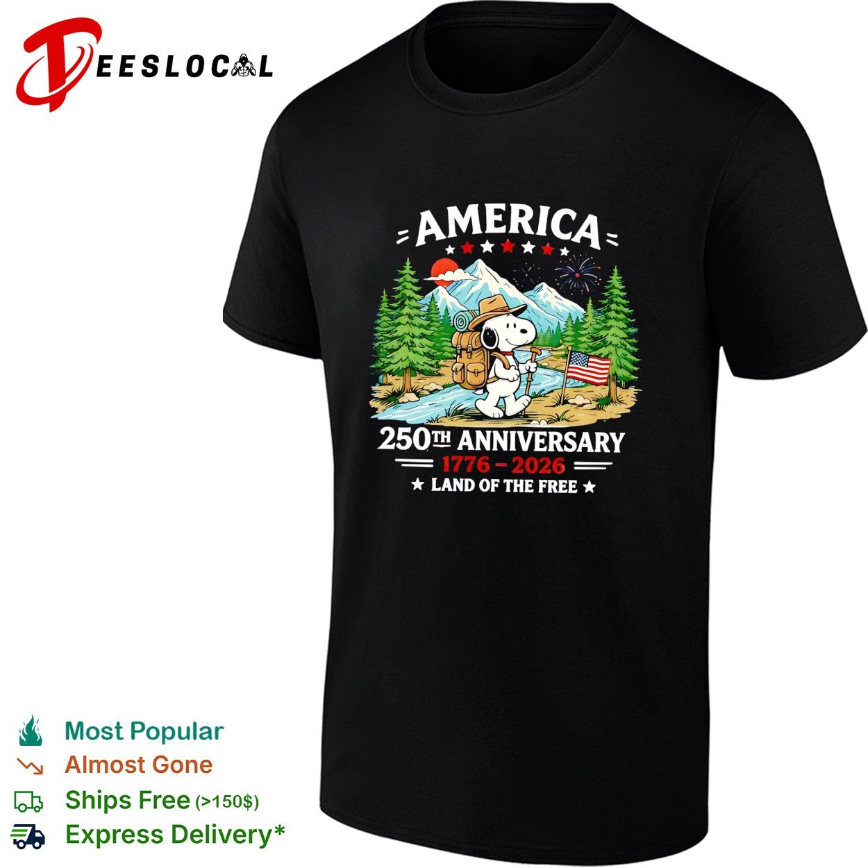 Snoopy backpacking mountains America 250th anniversary shirt