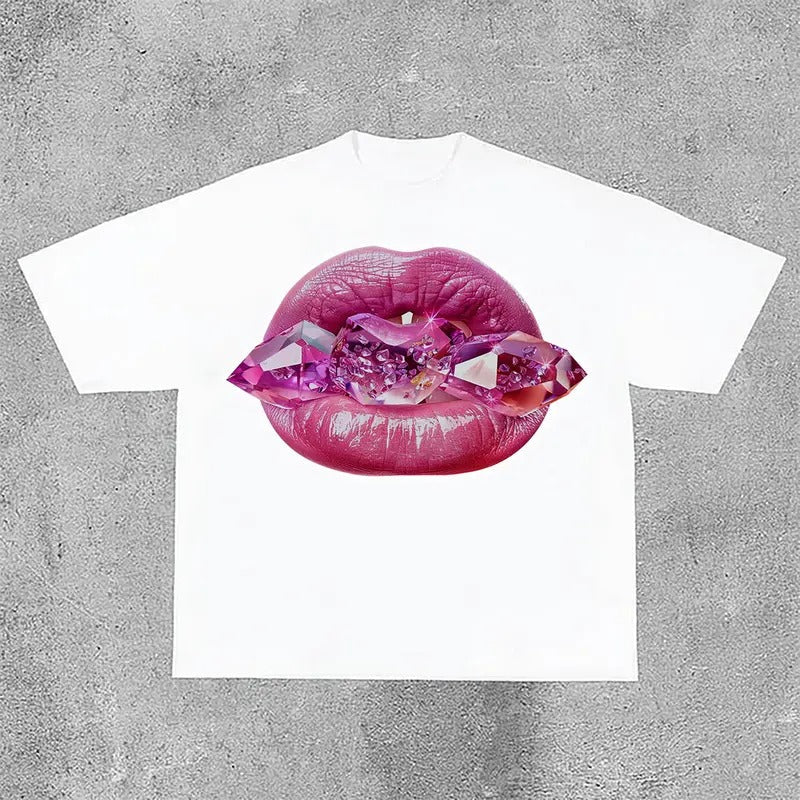Sopula Sexy Jeweled Lips Print Cotton T-Shirts