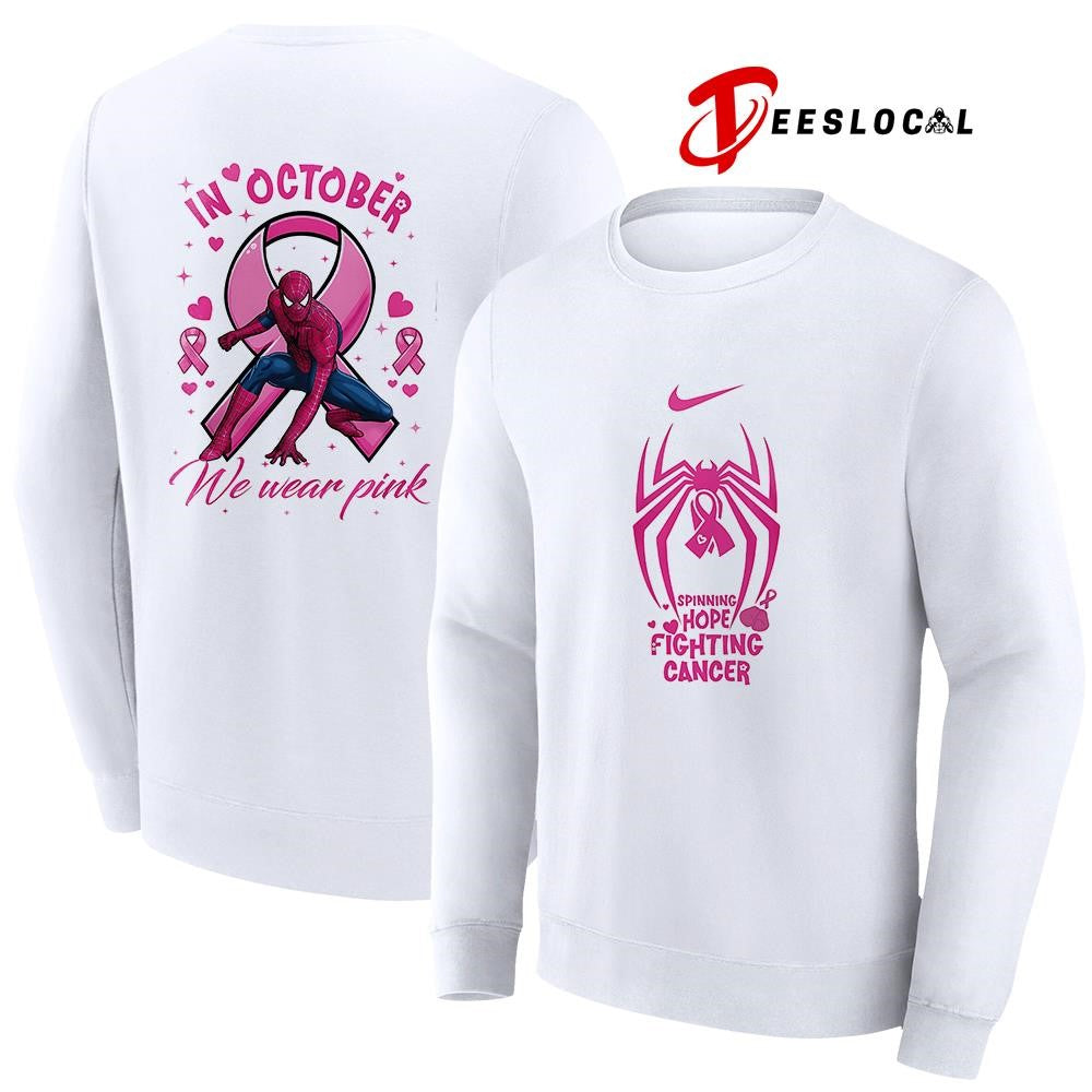 Spider Man spining hope fighting cancer in october we wear pink graphic shirt