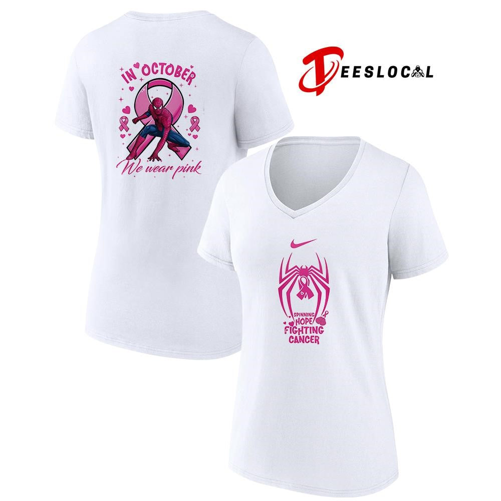 Spider Man spining hope fighting cancer in october we wear pink graphic shirt