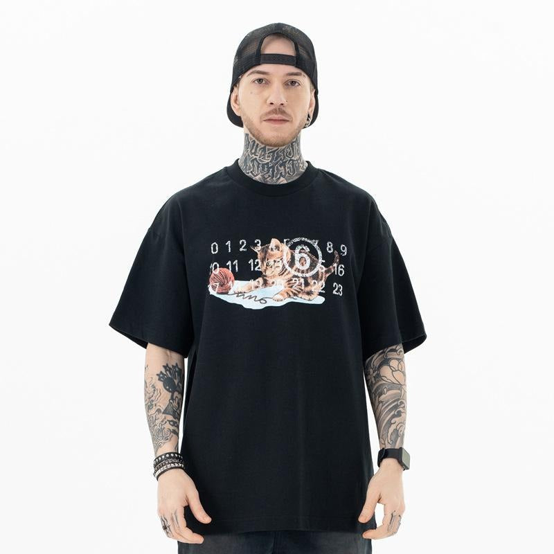 Spring Summer Kitten Destroyed Printed Short Sleeved T-Shirts