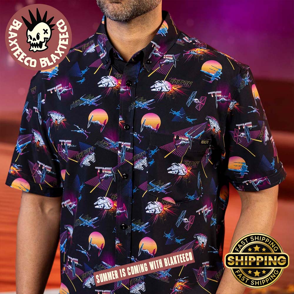 Star Wars RSVLTS Synthwave Dogfight Neon TIE Fighters Electric X-wings Button Short Sleeve Hawaiian Shirt