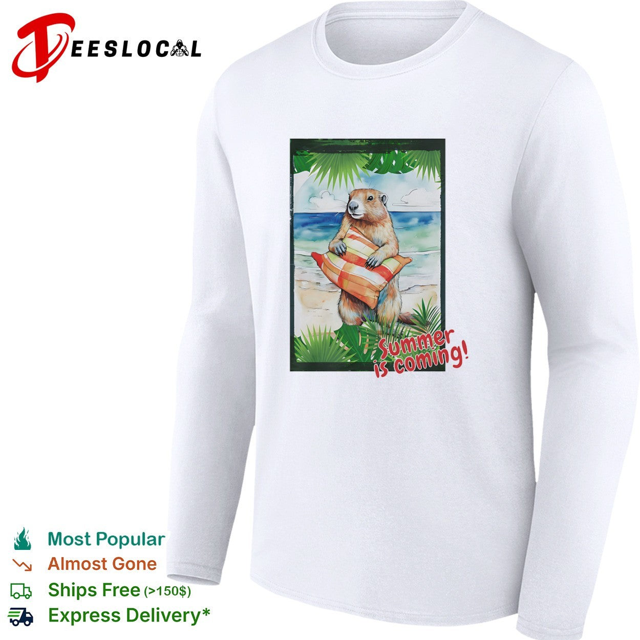 Summer is coming Groundhog beach vacation sunset palm tree leaves watercolor shirt