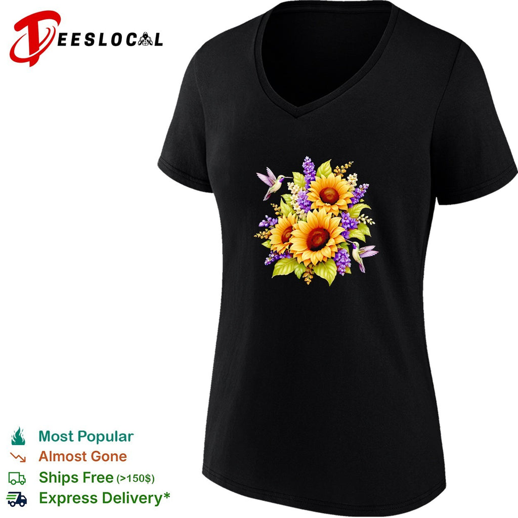 Sunflowers and Hummingbirds Floral Nature Botanicalart Illustration shirt