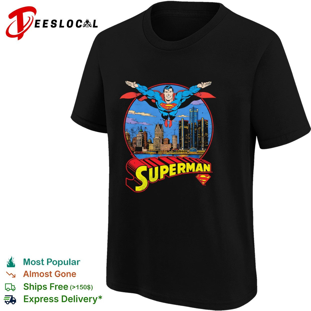 Superman Detroit Skyline Metropolis DC Comics Logo Retro Comic Book shirt