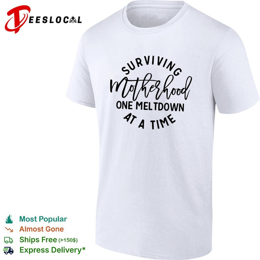 Surviving motherhood one meltdown at a time circle script art shirt