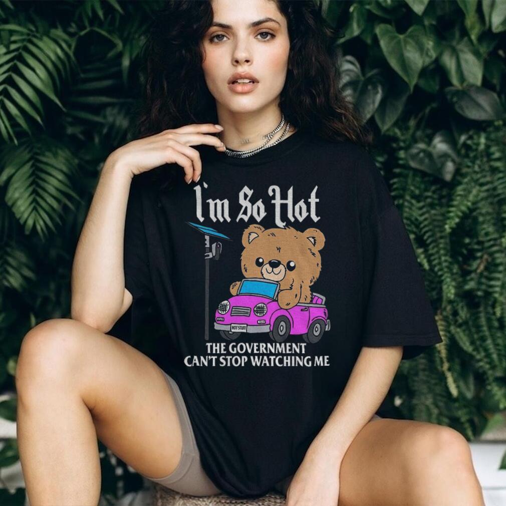 Teddy bear driving pink car with camera sign I’m so hot the government can’t flock camera shirt