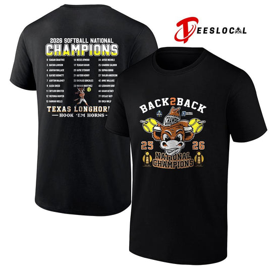 Texas Longhorns softball back 2 back National champions hook ’em horns name roster graphic shirt