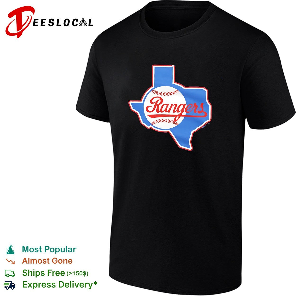 Texas Rangers Texas state outline baseball cursive script logo shirt