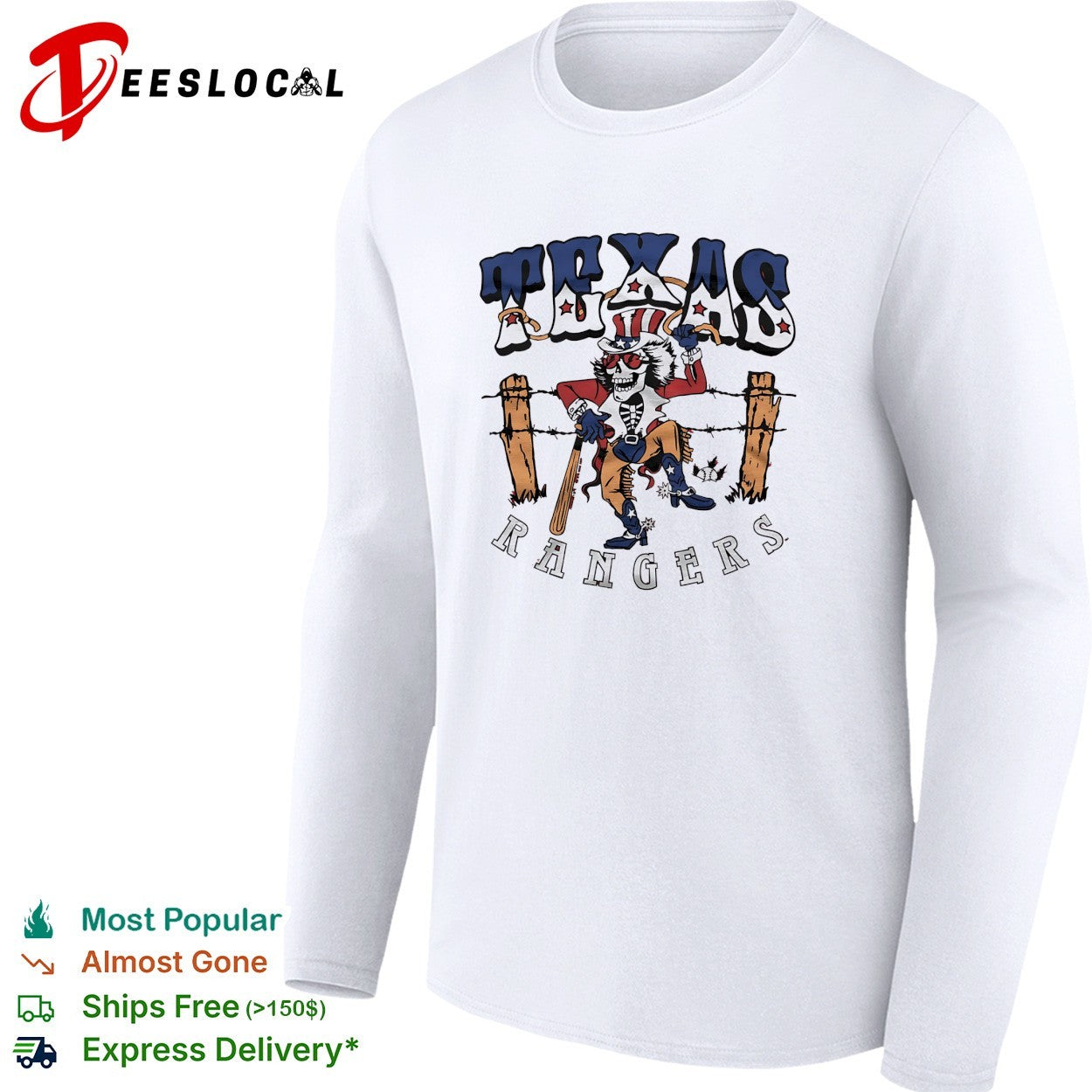 Texas Rangers x Grateful Dead skeleton cowboy MLB graphic shirt