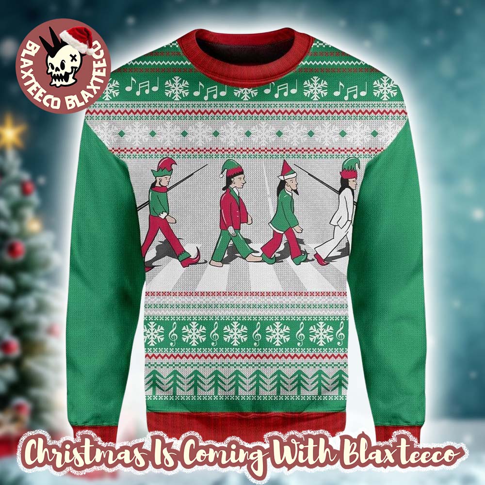 The Beatles Abbey Road Band Member As Elf Green And Red Knitted Ugly Christmas Sweater