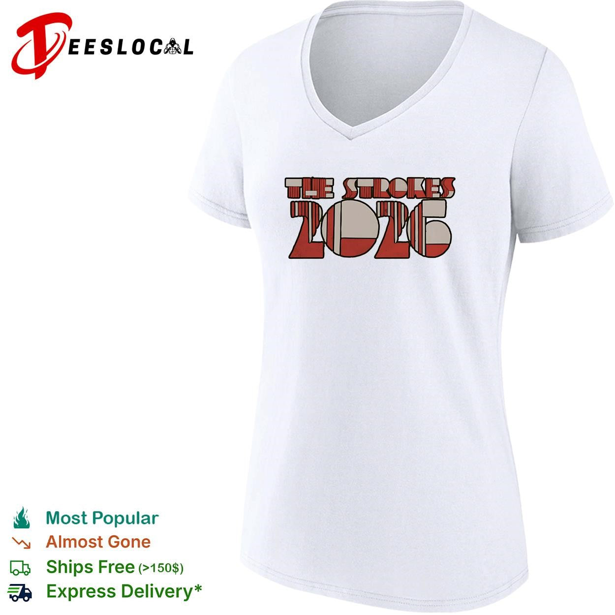 The Strokes 2026 retro round bubble letter logo bold yellow text graphic shirt