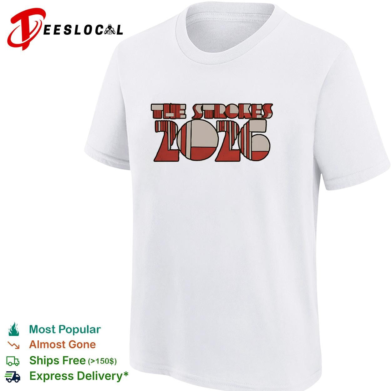 The Strokes 2026 retro round bubble letter logo bold yellow text graphic shirt