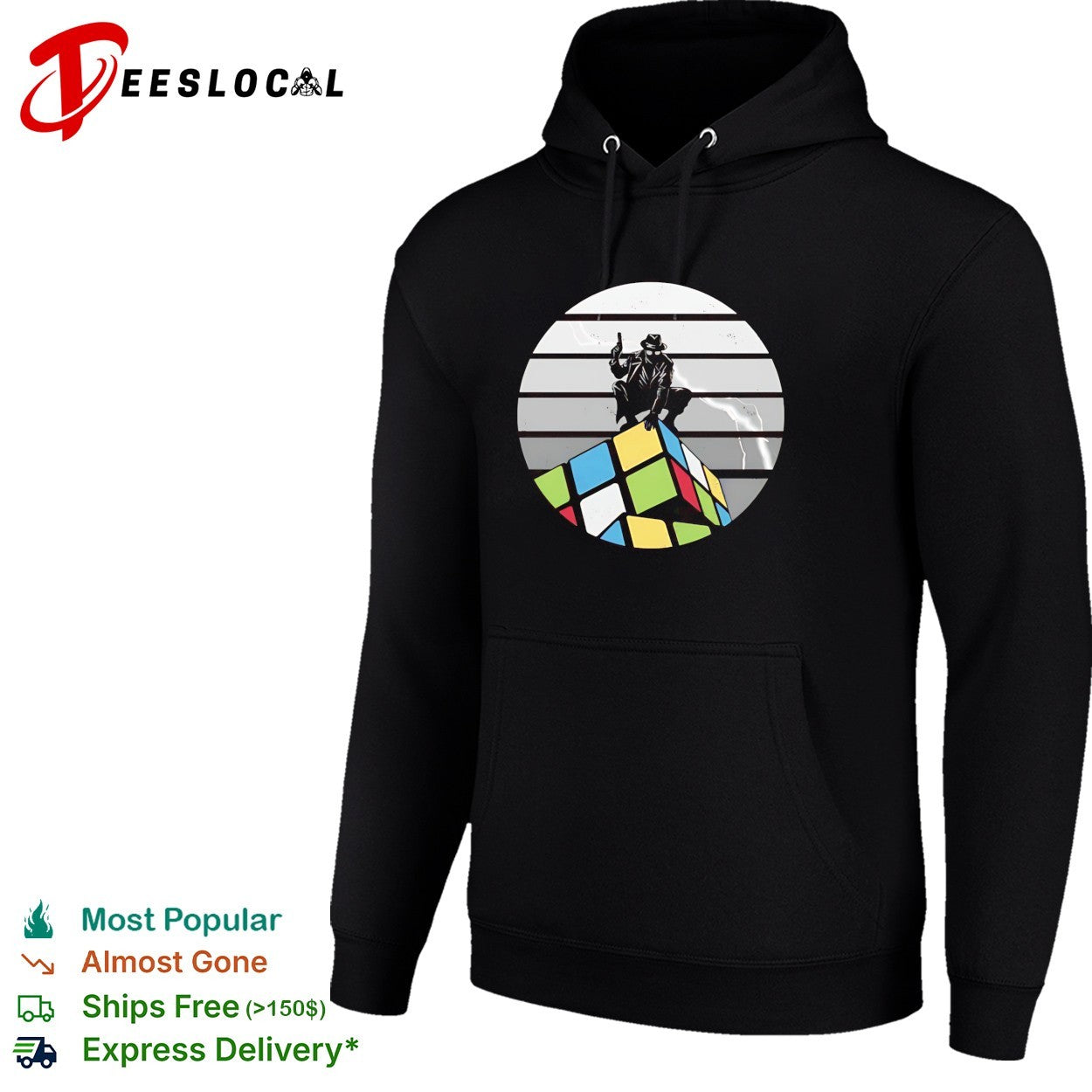 The Unsolved City Spider-Man Noir atop a Rubik’s Cube retro shirt