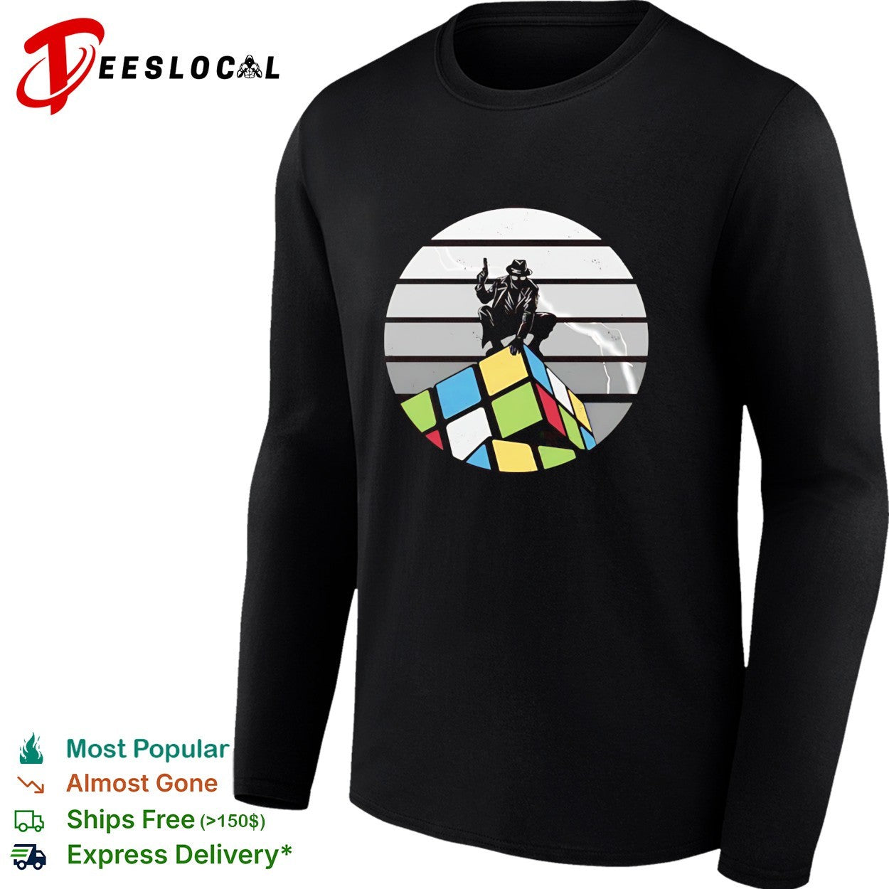 The Unsolved City Spider-Man Noir atop a Rubik’s Cube retro shirt