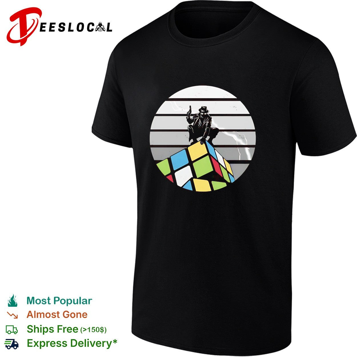 The Unsolved City Spider-Man Noir atop a Rubik’s Cube retro shirt