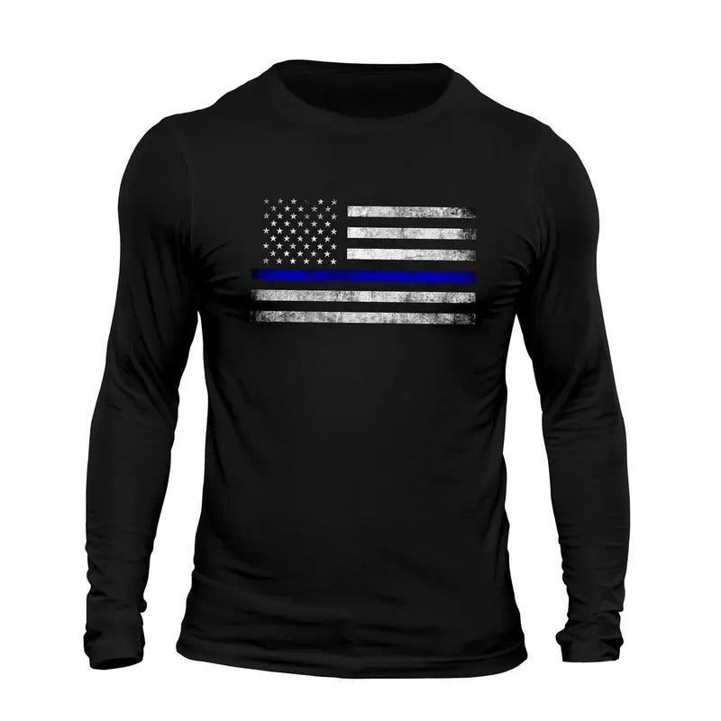 Thin Blue Flag USA Police Long Sleeve Casual Classic T-Shirts