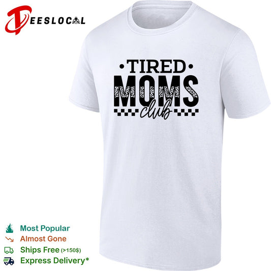 Tired Moms Club leopard print and checkered pattern design on shirt