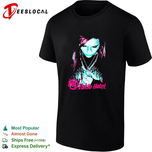 Tokio Hotel band member portrait wearing necklace dark moody graphic shirt