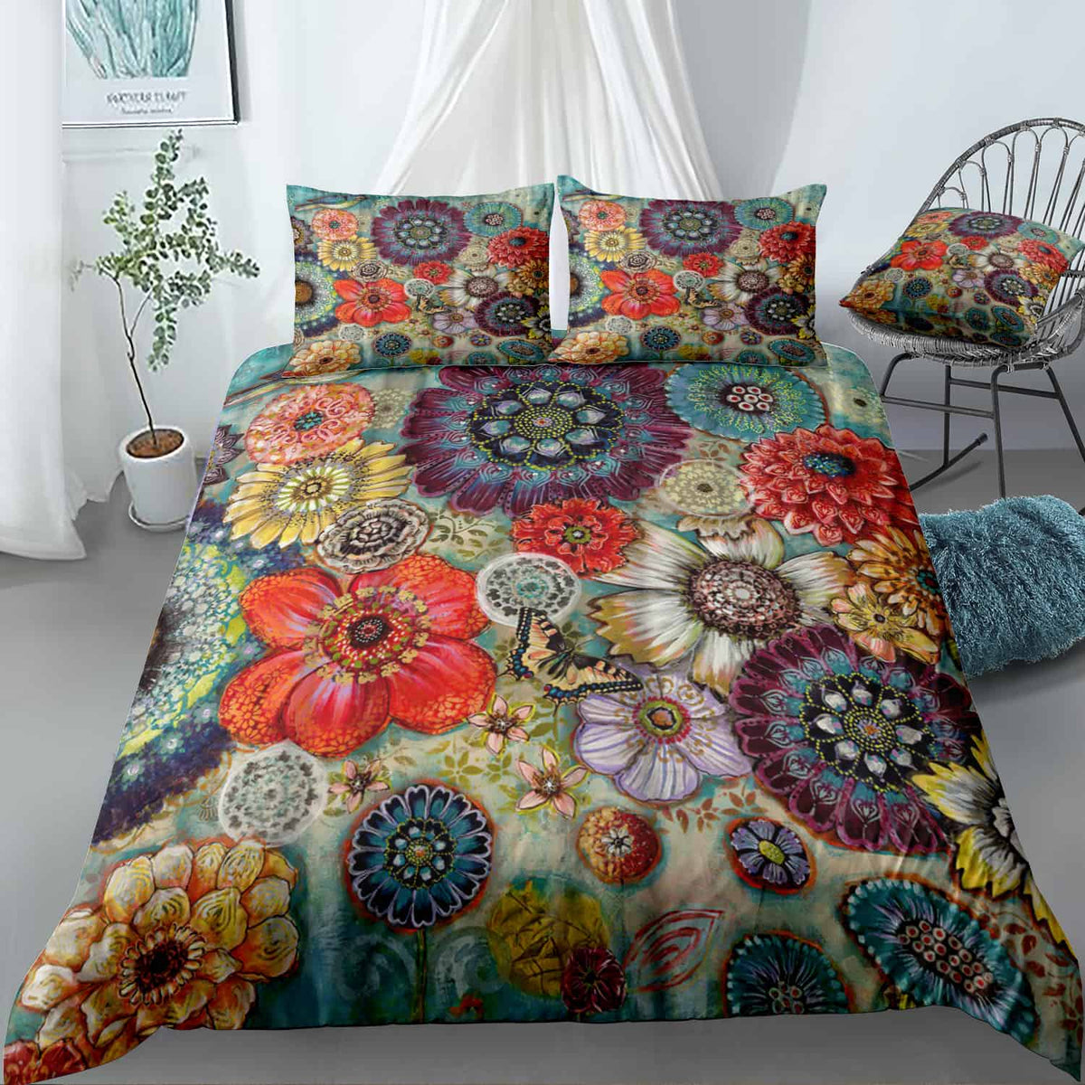 Blue Bird Boho Flower Bedding Set (Duvet Cover & Pillow Shams)