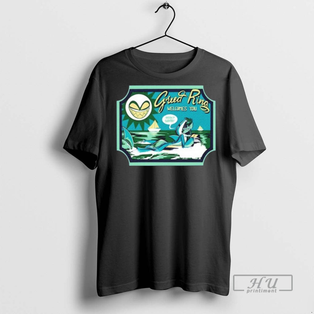 Trending Greed Ring Welcomes You Shark Robot Helluva Boss Chaz Halloween Slasher 2025 Graphic Tee