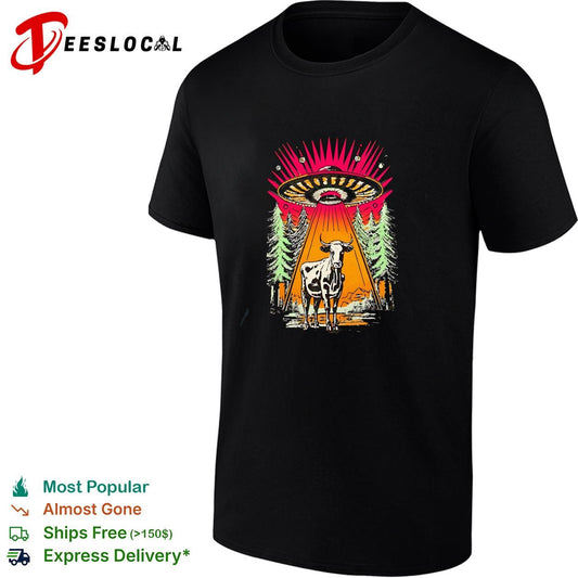 UFO alien cow abduction forest night retro graphic shirt