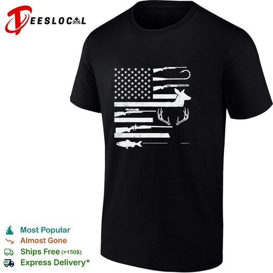 USA flag hunting fishing rifle fish hook deer antlers silhouette patriotic shirt