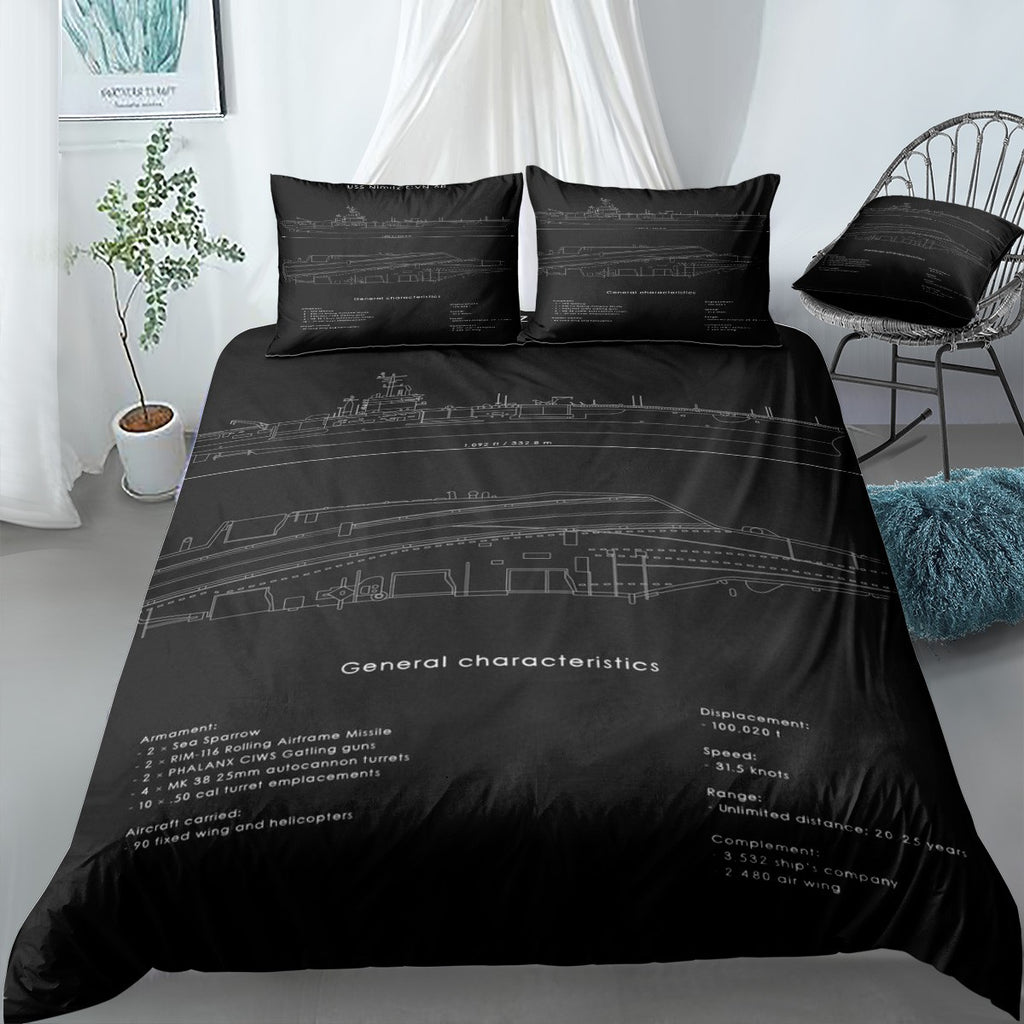 USS Nimitz Blueprint Bedding Set (Duvet Cover & Pillow Shams)