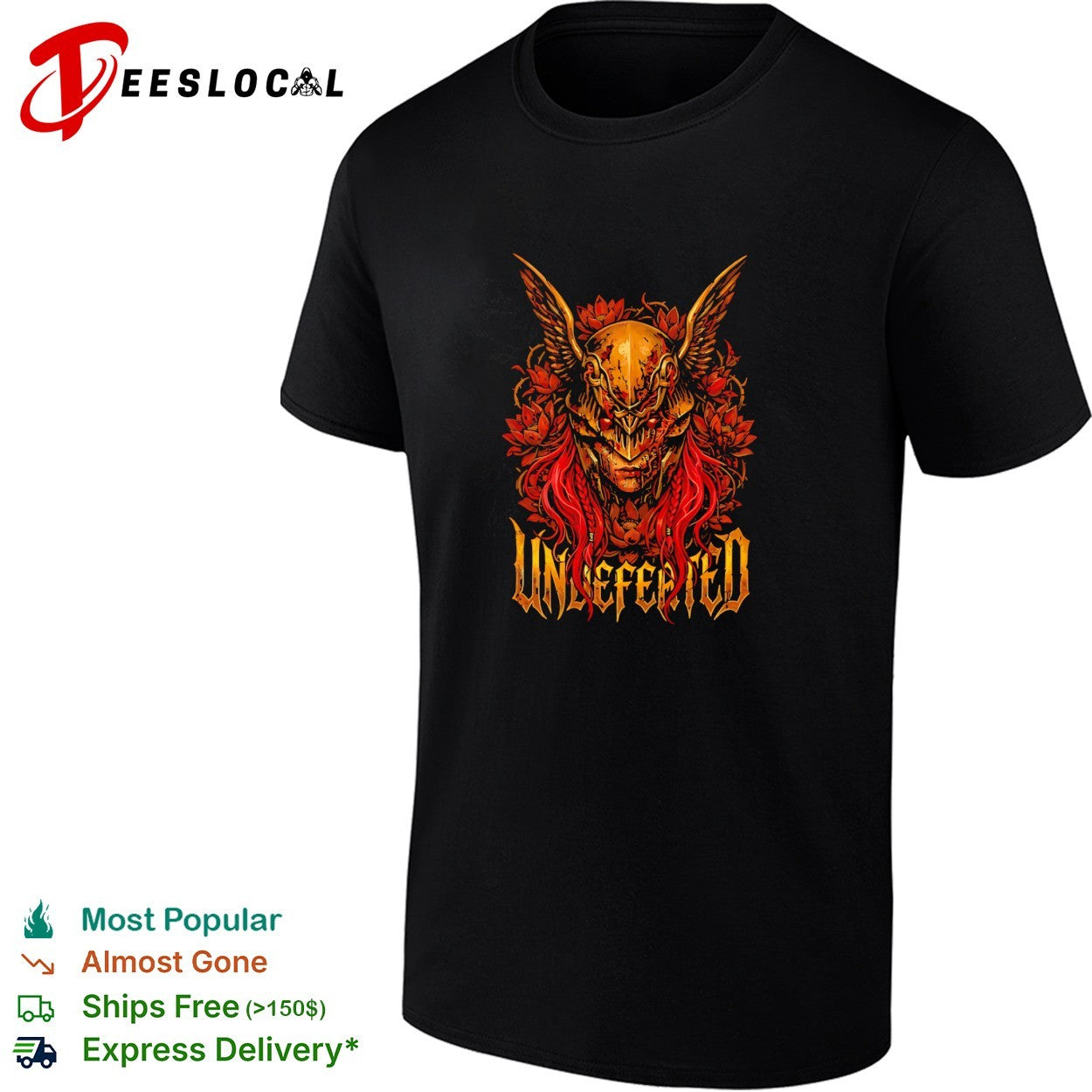 Undefeated demon skull with wings and red roses dark fantasy illustration graphic shirt