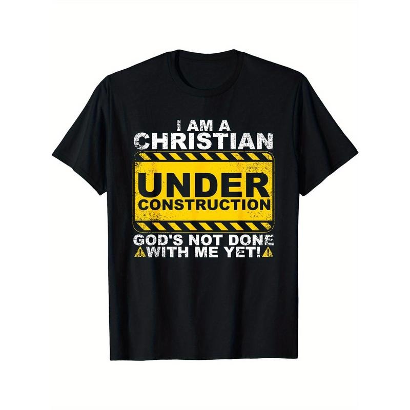 Under Construction Letters Print Crew Neck Short Sleeve Casual Comfy Breathable Top Spring Summer Leisure Vacation Made USA T-Shirts