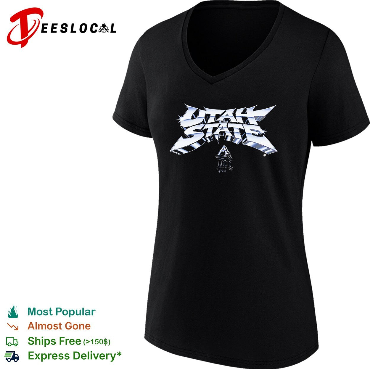 Utah State Old Main Tower Chrome Logo and Text shirt