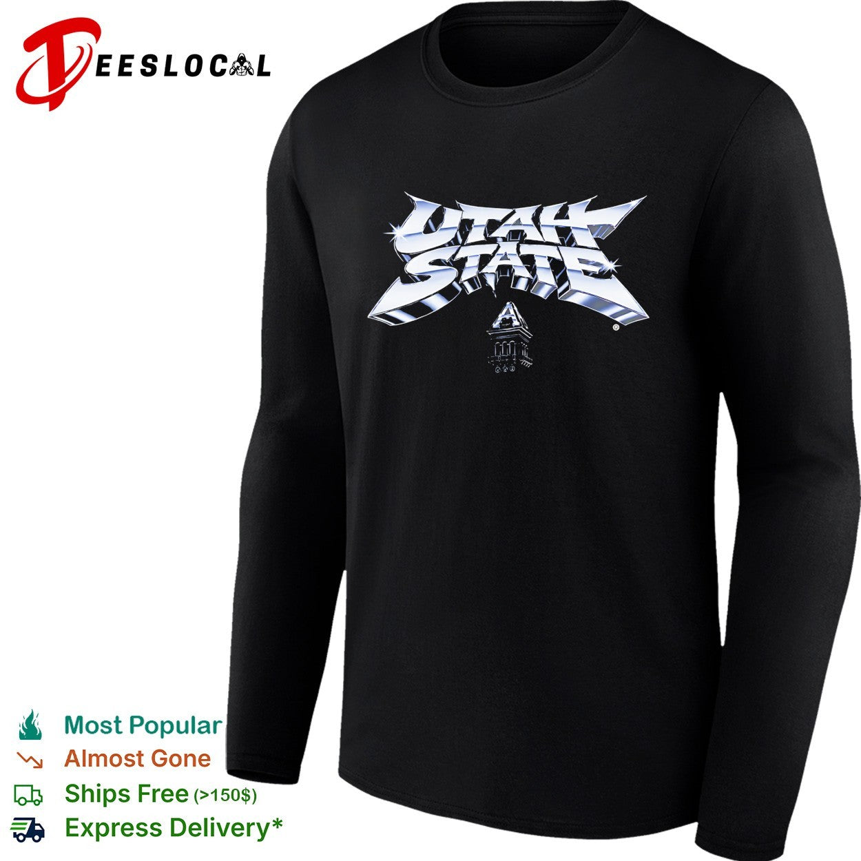 Utah State Old Main Tower Chrome Logo and Text shirt