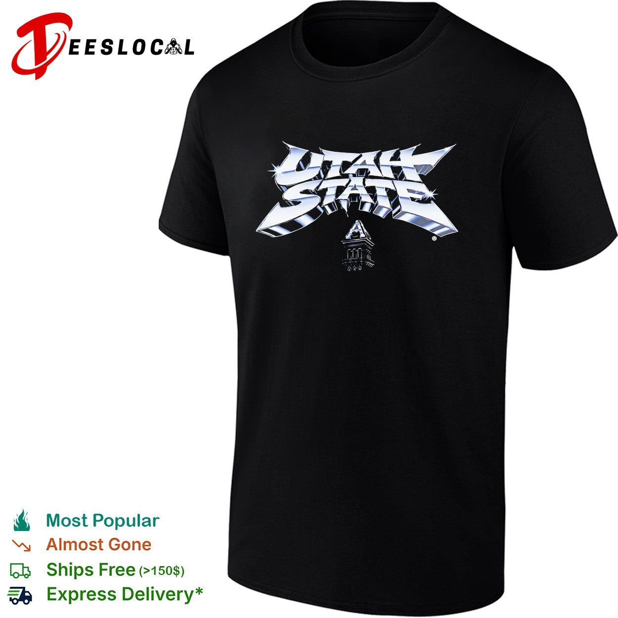 Utah State Old Main Tower Chrome Logo and Text shirt