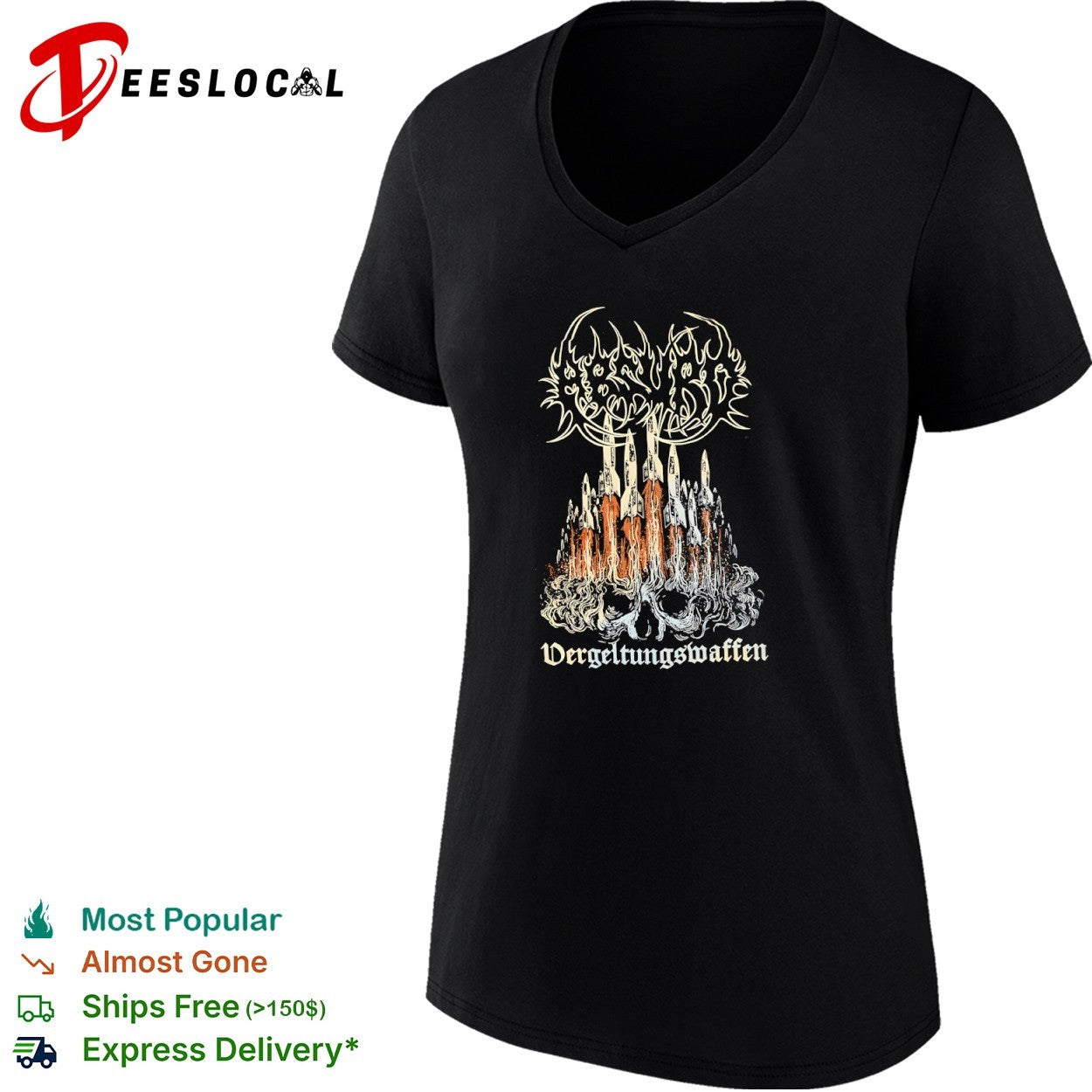 Vergeltungswaffen V2 Rocket Skull Metal Band Logo Black Heavy Metal Concert shirt
