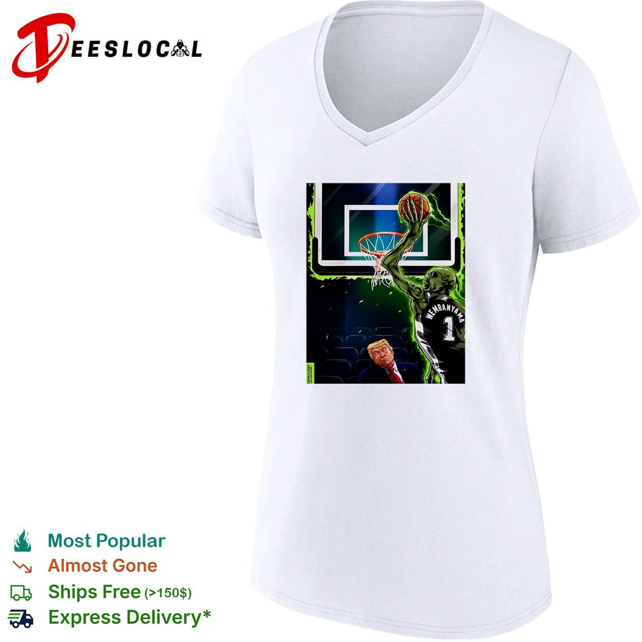 Victor Wembanyama dunking over Trump glowing green basketball fan art shirt