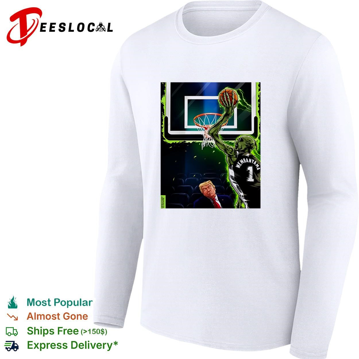 Victor Wembanyama dunking over Trump glowing green basketball fan art shirt