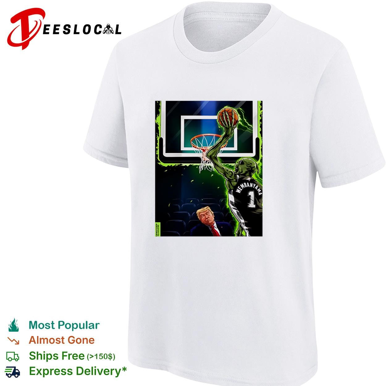 Victor Wembanyama dunking over Trump glowing green basketball fan art shirt
