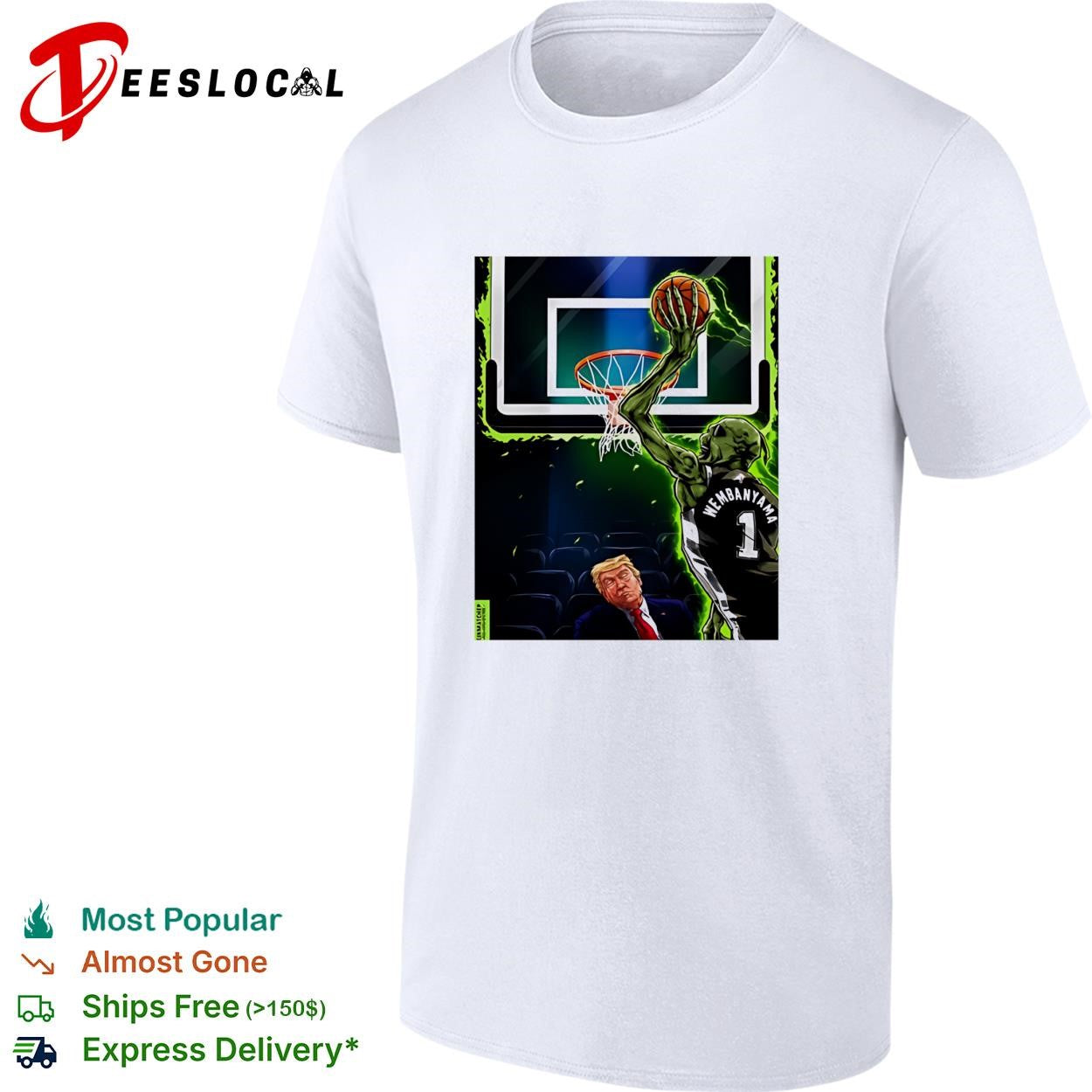 Victor Wembanyama dunking over Trump glowing green basketball fan art shirt