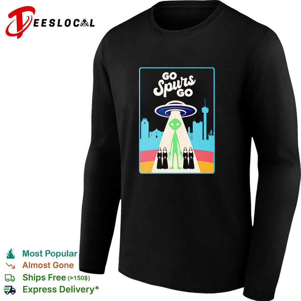 Victor Wemby Go Spurs Go alien UFO abduction San Antonio skyline retro poster shirt