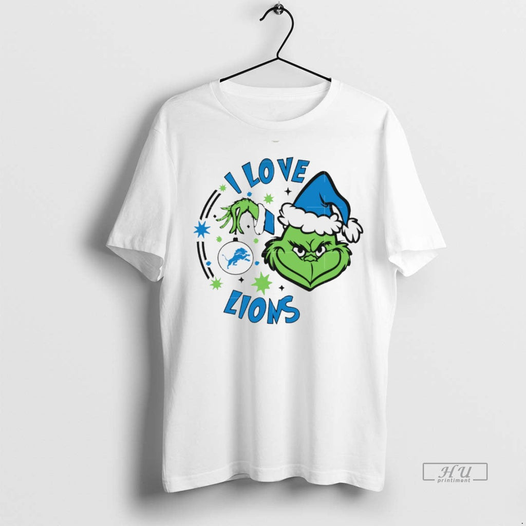 Viral Detroit Lions X Santa Grinch I Love Lions Christmas White Tee Shirt Sweater