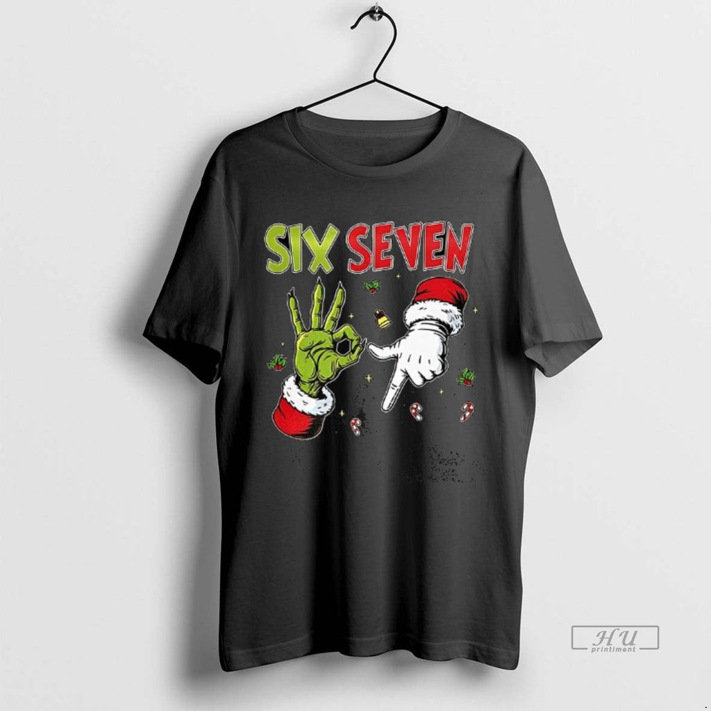 Viral Grinch And Santa Hands Six Seven Christmas Tee Shirt Sweater